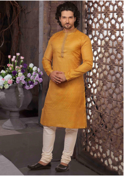 Golden with White Color Silk Kurta Set